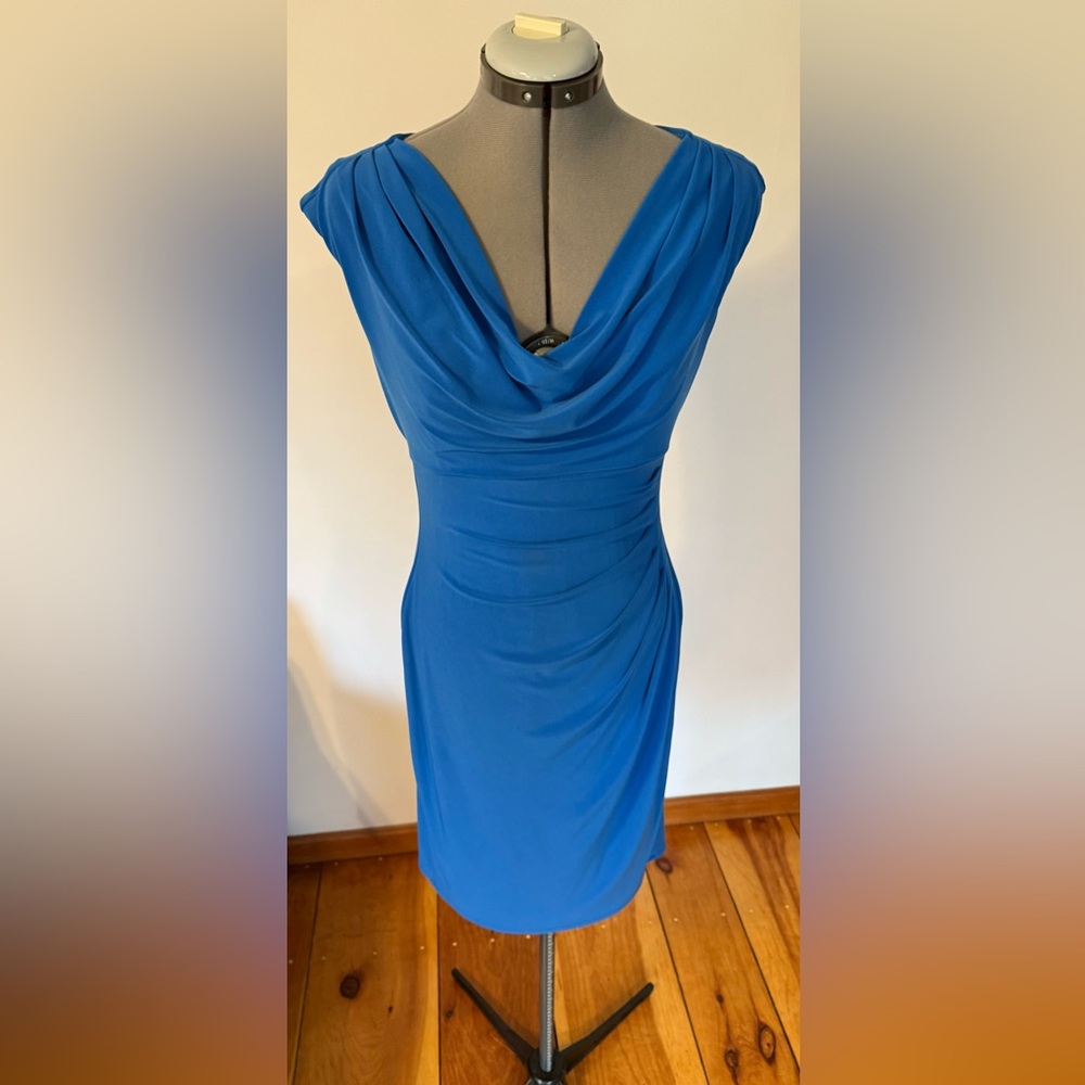 Lauren Ralph Lauren Blue Cowl Neck Ruched Midi Dress